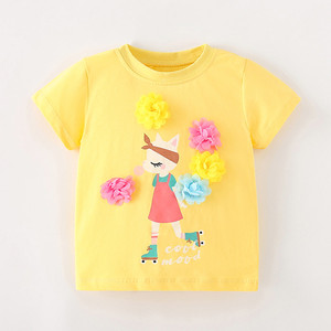 现货女童洋气上衣欧美风儿童黄色打底衫夏季新款宝宝圆领短袖T恤8