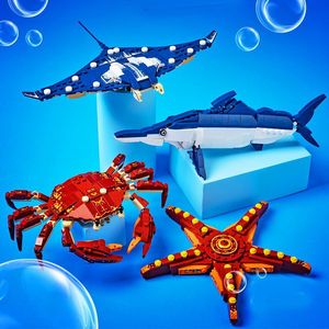 正版海洋馆生物动物男女孩益智拼装模型乐高积木玩具螃蟹龙虾鲨鱼