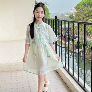 女童汉服中国风公主裙夏装2024新款女大童装披肩新中式短袖连衣裙