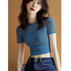 蓝色针织条纹短袖t恤女2024新款甜辣设计感短款夏季修身显瘦上衣