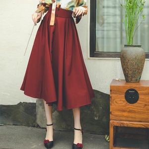 《咖啡玫瑰》法式复古束腰伞裙赫本风高腰大摆半身裙春夏新款红裙