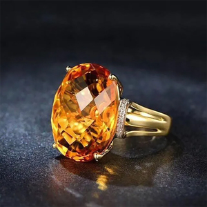 新款巴西黄水晶戒指女S925银镶嵌钻石复古光彩优雅气质高档指环