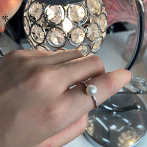 纯天然淡水常规扁圆形珍珠戒指 简约质感镶嵌开口戒圈可调节大小