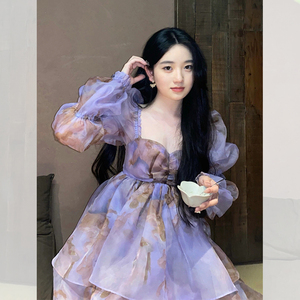 茶歇法式公主风泡泡袖紫色连衣裙女春秋季小个子仙女长袖蓬蓬裙子
