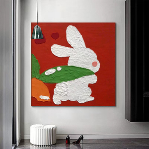 兔子手绘油画卡通动物玄关肌理画方形客厅装饰画儿童房餐厅挂画