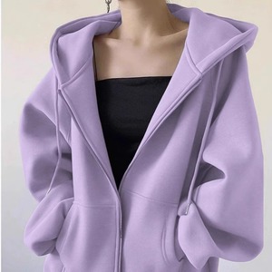 紫色中长款连帽卫衣外套女秋冬一体绒拉链开衫宽松纯色插肩袖上衣