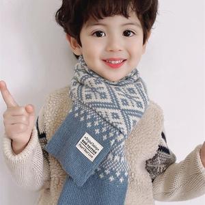 儿童围巾男童冬季宝宝菱形格纹拼色加厚保暖脖套防风针织毛线围脖