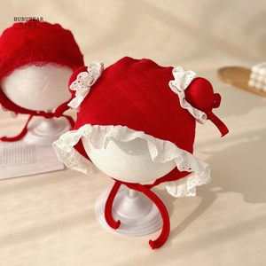 新生婴儿秋冬季帽子女宝宝红色新年公主帽初生婴幼儿可爱纯棉胎帽