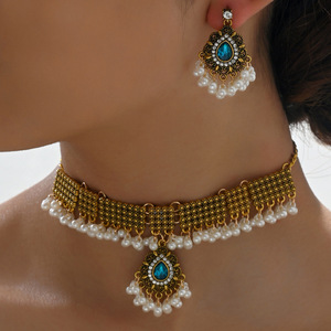 欧美印度新娘 时尚金属水滴复古镶宝石珍珠2件套项链耳环组合套装