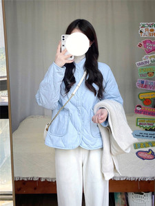 蓝色白鸭绒短款羽绒棉服外套女2023年秋冬季新款韩版设计感面包服