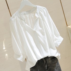 含棉V领白衬衫女短袖2024夏季新款韩版薄款宽松衬衣仙女神范上衣