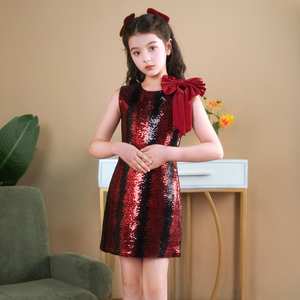 儿童礼服短裙亮片演出服走秀主持钢琴演奏高端短款红色无袖公主裙