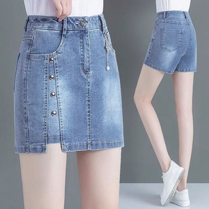 女士高腰牛仔短裙裤2024年新款夏季薄款显瘦a字包裙外穿直筒短裤