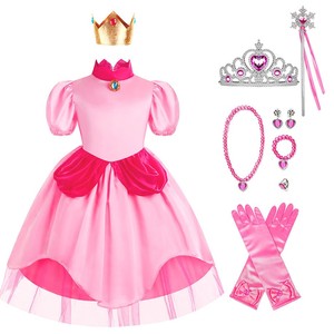 万圣节儿童超级玛丽马里奥游戏服装粉色桃子碧琪公主连衣裙Peach