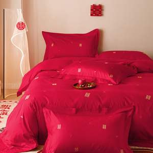 简约现代结婚床上用品四件套喜庆婚房陪嫁大红色喜被床单被套床笠