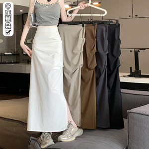 白色工装半身裙女夏季设计感侧开叉修身包臀裙小个子褶皱A字长裙