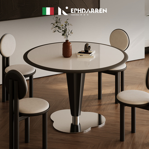 意式高端实木餐桌椅组合岩板家用圆桌餐台吃饭桌子小户型现代简约