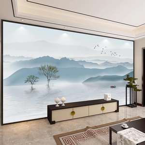 新中式水墨画山水客厅电视背景墙壁纸现代无缝壁画影视墙布装饰