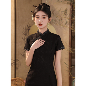 黑色旗袍2024年新款春季少女年轻款蕾丝复古改良小个子短款连衣裙