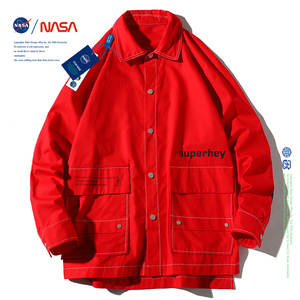 NASA美式工装潮牌衬衫男长袖痞帅红色上衣休闲衬衣潮流校园风外套
