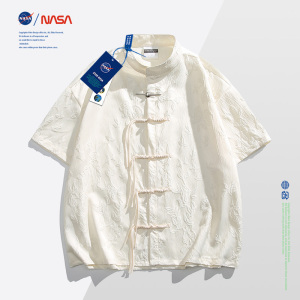 NASA新中式短袖衬衫男2024夏季高级感水仙花衬衣痞帅国风流苏上衣