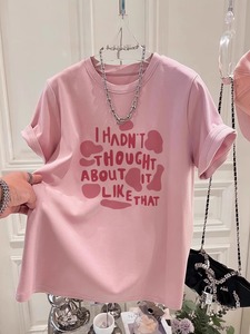 粉色短袖t恤女2024新款纯棉宽松大码女装夏季多巴胺穿搭胖mm上衣