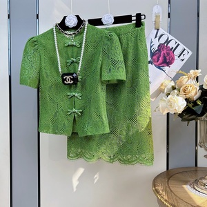 绿色小香风套装女夏季2024新款爆款新中式盘扣蕾丝上衣半裙两件套