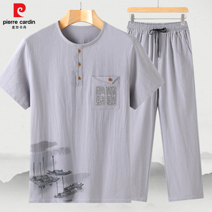 皮尔卡丹中年夏季男士短袖套装纯棉爸爸夏装中国风唐装新款上衣服
