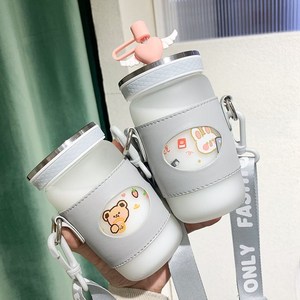 水杯学生少女韩版可爱便携耐热双盖玻璃杯ins个性简约潮流斜跨杯