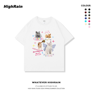 high rain 设计感猫咪乐园落肩短袖男女白色T恤可爱ins风情侣上衣