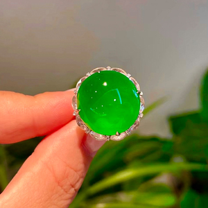 天然冰种正阳绿蛋面翡翠戒指18k金镶嵌缅甸a货正品满绿帝王绿戒面
