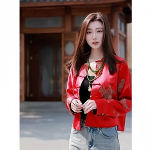 新中式中国红国风衬衫外套女2024新款唐装春季宽松显瘦小个子上衣