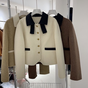 双面羊绒大衣女短款2023冬季新款时尚撞色小方领修身显瘦羊毛外套