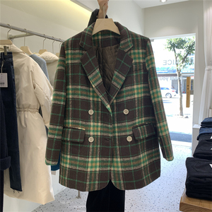 韩国秋冬新款绿色格子夹棉西装羊毛呢子外套女装宽松显瘦大衣呢料