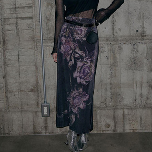 eilove新中式紫色印染网纱半身裙女复古小众显瘦修身直筒包臀长裙
