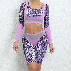 Gym Running Push-up Yoga Set Women's Purple Leopard Print Lo