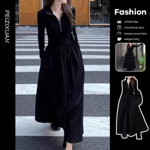 赫本风法式高级长袖黑色连衣裙子女秋季2024新款修身针织打底长裙