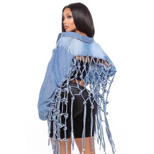 亚马逊wish独立站新后背网格流苏牛仔外套女Fringed denim jacket