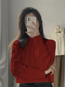 新年红色麻花半高领毛衣女冬季加厚短款内搭打底针织衫高级感上衣