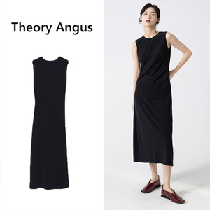 Theory Angus2023夏圆领无袖太古里小黑裙褶皱遮腹连衣裙Y0202016