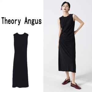 Theory Angus2023夏圆领无袖太古里小黑裙褶皱遮腹连衣裙Y0202016
