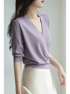 正品美欧哥弟菲2024夏季中袖V领珍珠扣紫色冰丝针织衫T恤女上衣