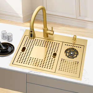 西厨中岛台水吧台小水槽金色高压洗杯器隐形带盖板304不锈钢单槽