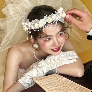 韩式新娘蕾丝珍珠流苏结婚纱造型摄影法式头花发饰品复古发带
