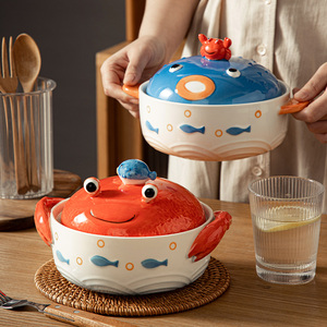海洋餐具螃蟹泡面碗大容量带盖家用双耳汤碗宿舍手机支架方便面碗