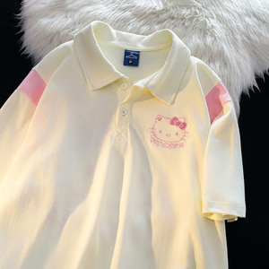 日系可爱kitty学院风短袖t恤女纯棉夏季宽松奶杏色拼接polo领上衣