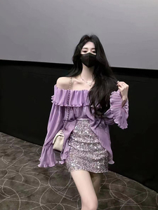 时尚高级感御姐套装女法式气质显瘦上衣辣妹亮片短裙紫色两件套潮