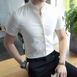 男士衬衫短袖潮流修身百搭韩版立领衬衣男帅气时尚发型师服装