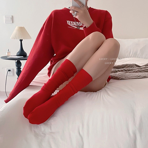 红色纯棉袜子女幸运本命年舒适中筒袜春秋透气堆堆袜简约运动长袜