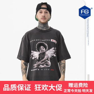 FG男装|2022春夏新品潮牌高街嘻哈黑人天使印花水洗做旧短袖T恤男